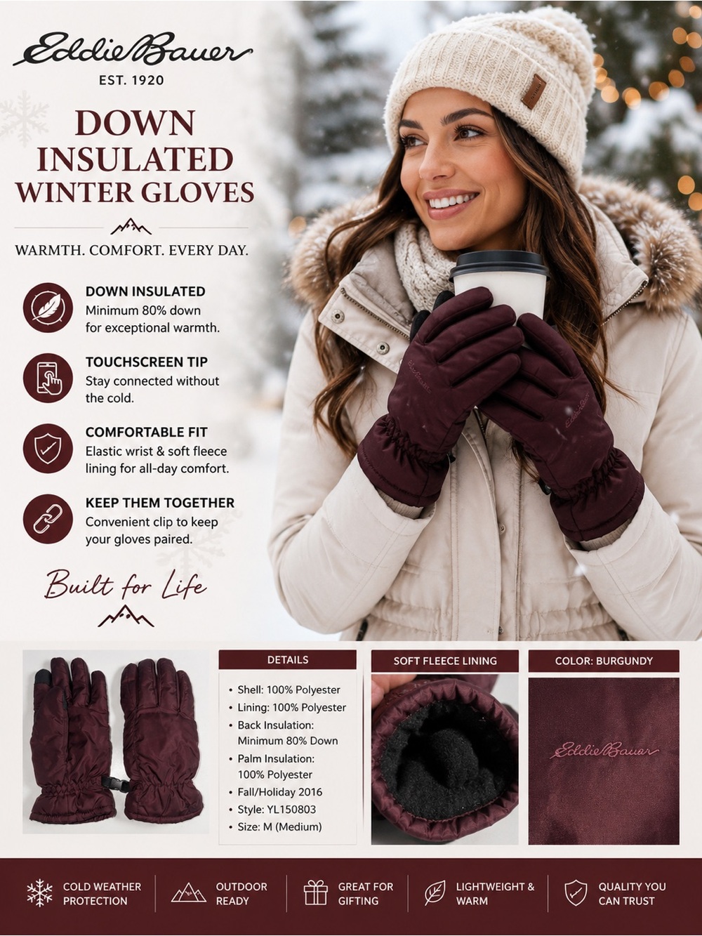 Eddie Bauer Down Insulated Winter Gloves Burgundy Size Medium Touchscreen